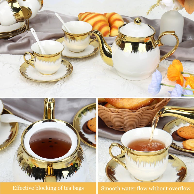 Hebaogugu Porcelain Tea Set, Large Ceramic Tea Set for Adults with Metal Holder, 20 Pcs European Tea Cup Set, Luxury Adult Tea Sets Gift, Gold Trim Tea Cup Saucer Sets for Party Deco,1000ML (Gold Trim) - Image 4