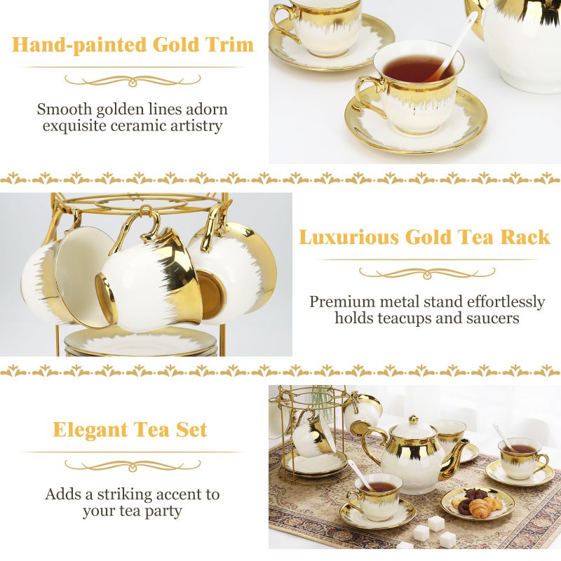 Hebaogugu Porcelain Tea Set, Large Ceramic Tea Set for Adults with Metal Holder, 20 Pcs European Tea Cup Set, Luxury Adult Tea Sets Gift, Gold Trim Tea Cup Saucer Sets for Party Deco,1000ML (Gold Trim) - Image 5