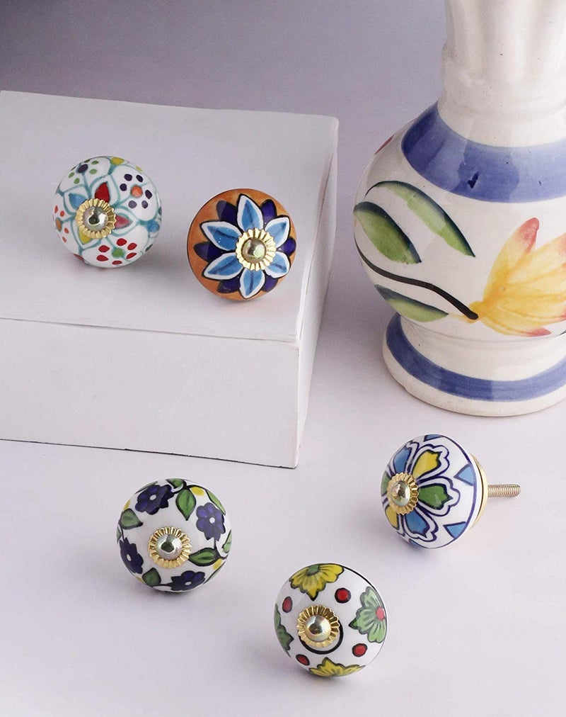 FOLK CRAFT Cabinet Knobs - Pack of 6 - Indian Countryside Colorful Assorted Ceramic Drawer Pull Handle Kitchen Cabinet Cupboard Wardrobe Knob Boho Room Interior Decor - Multicolor - Image 5