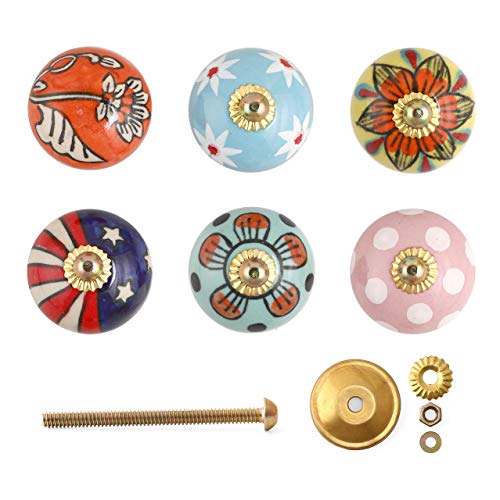 FOLK CRAFT Cabinet Knobs - Pack of 6 - Indian Countryside Colorful Assorted Ceramic Drawer Pull Handle Kitchen Cabinet Cupboard Wardrobe Knob Boho Room Interior Decor - Multicolor - Image 2
