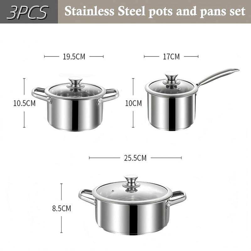 Stainless Steel pots and pans set, 3 Piece Nonstick Induction Kitchen Cookware Set, Works with Induction/Electric and Gas Cooktops, Nonstick, Oven Safe, Camping Cookware - Image 2