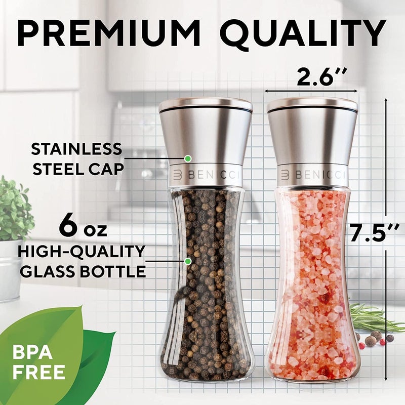 Benicci Premium Salt and Pepper Grinder Set of 2 - Two Refillable Stainless Steel Sea Salt & Spice Shakers with Adjustable Coarse Mills - Easy Clean Ceramic Grinders w/BONUS Silicone Funnel & Cleaning Brush - Image 2