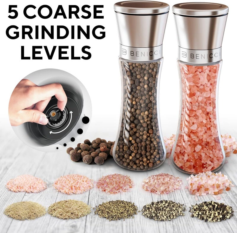 Benicci Premium Salt and Pepper Grinder Set of 2 - Two Refillable Stainless Steel Sea Salt & Spice Shakers with Adjustable Coarse Mills - Easy Clean Ceramic Grinders w/BONUS Silicone Funnel & Cleaning Brush - Image 3