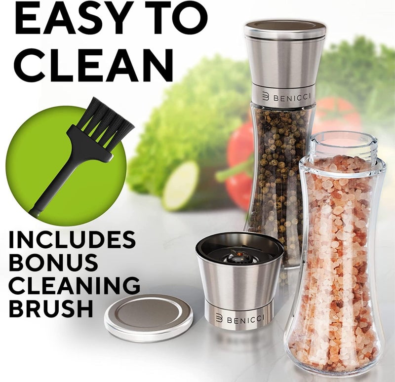 Benicci Premium Salt and Pepper Grinder Set of 2 - Two Refillable Stainless Steel Sea Salt & Spice Shakers with Adjustable Coarse Mills - Easy Clean Ceramic Grinders w/BONUS Silicone Funnel & Cleaning Brush - Image 5