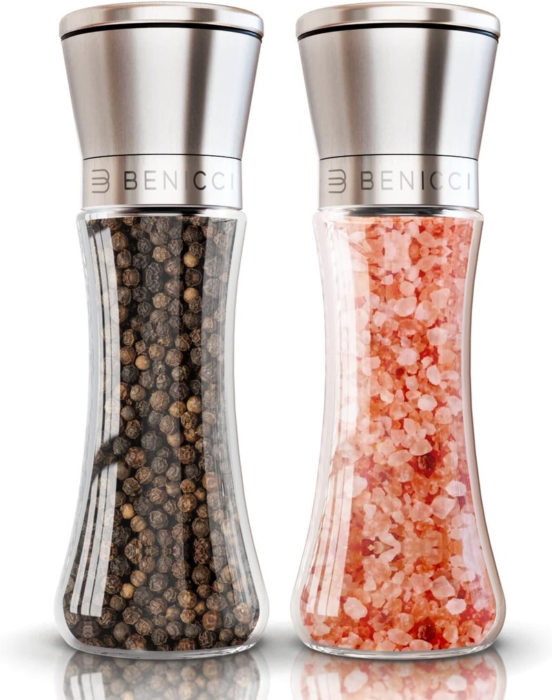 Benicci Premium Salt and Pepper Grinder Set of 2 - Two Refillable Stainless Steel Sea Salt & Spice Shakers with Adjustable Coarse Mills - Easy Clean Ceramic Grinders w/BONUS Silicone Funnel & Cleaning Brush - Image 1
