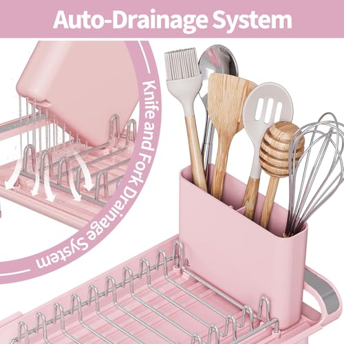 TOOLF Small Dish Drying Rack, Mini Expandable Compact Dish Rack, Slim Extendable Stainless Steel Dish Drainer for Kitchen Plate Storage, Space Saving Dish Strainer in Sink or on Home Countertop, Pink - Image 4