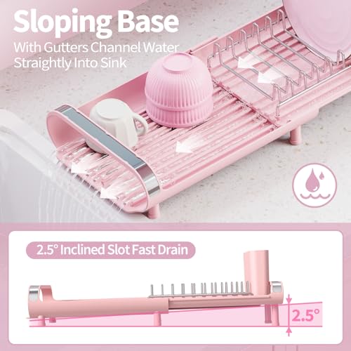 TOOLF Small Dish Drying Rack, Mini Expandable Compact Dish Rack, Slim Extendable Stainless Steel Dish Drainer for Kitchen Plate Storage, Space Saving Dish Strainer in Sink or on Home Countertop, Pink - Image 5