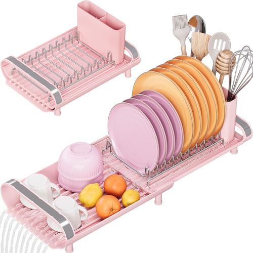 TOOLF Small Dish Drying Rack, Mini Expandable Compact Dish Rack, Slim Extendable Stainless Steel Dish Drainer for Kitchen Plate Storage, Space Saving Dish Strainer in Sink or on Home Countertop, Pink - Image 1