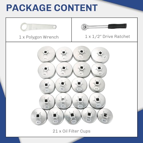 DASBET 23PCS Aluminum Alloy Cup Type Oil Filter Cap Wrench Socket Removal Tool Set | 1/2" Drive Oil Filter Removal Cap Wrench Socket Tool Set Cup Type Oil Filter Socket Set - Image 2