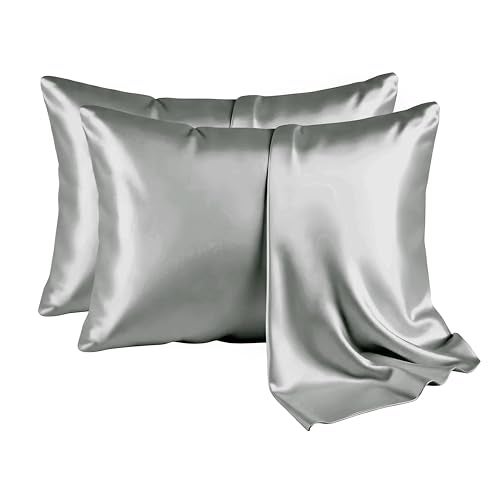 LINENWALAS Silk Pillowcases for Hair and Skin, Mulberry Satin Silk Pillow Cases King Size, Anti Acne Cooling Bed Pillow Cover, Breathable, Soft Pillowcase Gift for Women (20x36 Inches, Light Grey) - Image 1