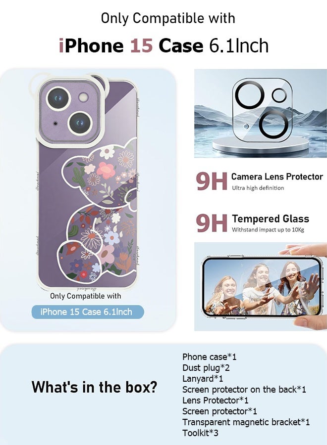 Wffo 11-in-1 - For iPhone 15 Case - Screen Protector / Camera Lens Protector / Screen Protector on the Back / Dust Plug / Clear MagSafe Bracket / With Lanyard - Cute Flowers Bear Clear Case - TPU Drop Protection - Full Body Protection Shock Case  - Image 2