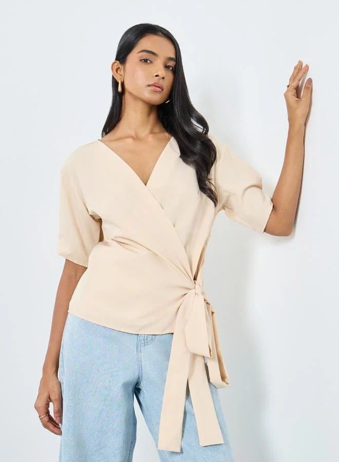Take Two Take Two Solid V-Neck Wrap Top