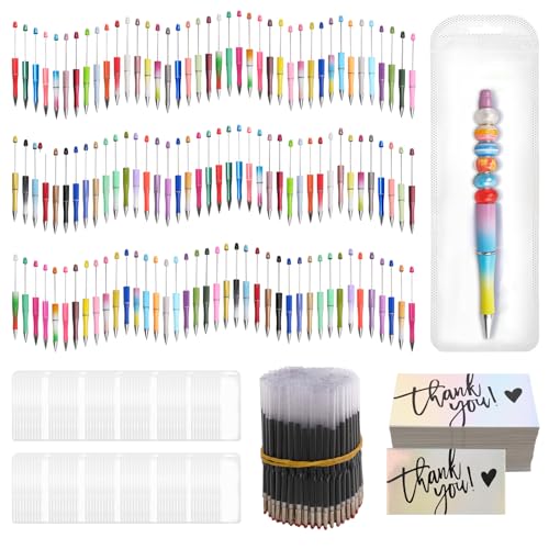 Olutacot 600 Pcs Plastic Beadable Pens Bulk Beadable Pens Kit 120 Ballpoint Pen Black Ink Beaded Pens with 240 Refills 120 Pen Packaging Bags 120 Thank You Cards for School DIY Making Office Supplies - Image 1