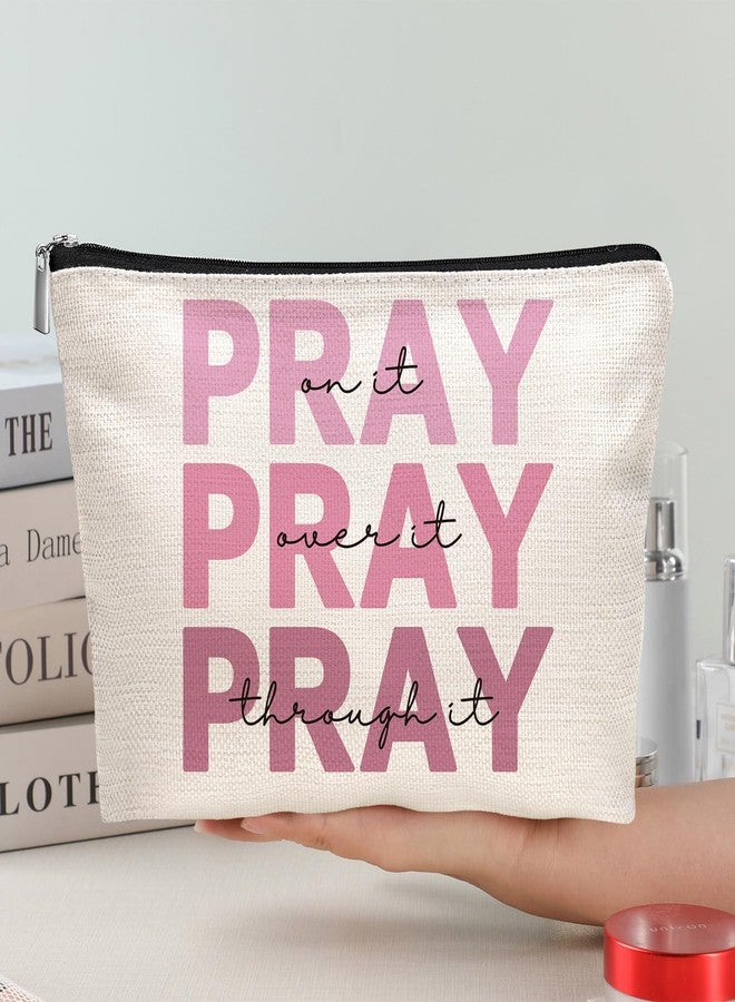 Canvas Makeup Bag for Women, Inspirational God Says I Am Cosmetic Pouch, 70th 80th Birthday, Travel Toiletry Organizer with Sports & Floral Patterns (Pray) - Image 3