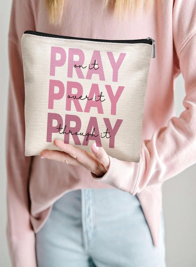 Canvas Makeup Bag for Women, Inspirational God Says I Am Cosmetic Pouch, 70th 80th Birthday, Travel Toiletry Organizer with Sports & Floral Patterns (Pray) - Image 5