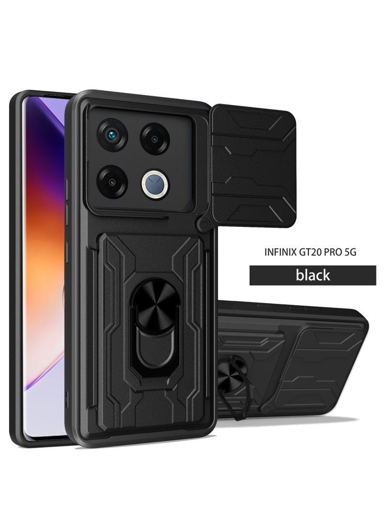 for Infinix GT20 Pro 5G Case, Card Holder & Slide Camera Lens Cover, Magnetic Ring Holder Kickstand Protective Phone Case for Infinix GT20 Pro 5G, Black - Image 1