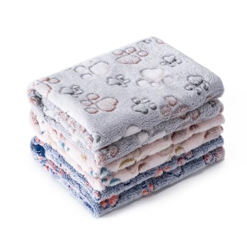 CADONO 1 Pack 3 Blankets Super Soft Fluffy Premium Fleece Pet Blanket Flannel Paw Printed Throw for Dog Puppy Cat Small 23x16 Beige Grey Navy - Image 1