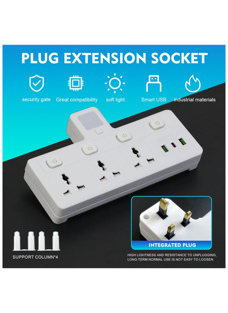 سكاي تاتش - مقبس تمديد متعدد المقابس مع 3 موسعات USB على الحائط مع 3 منافذ ومحول منفذ موسع الطاقة الكهربائية للمنزل والمكتب والمطبخ باللون الأبيض - Image 1