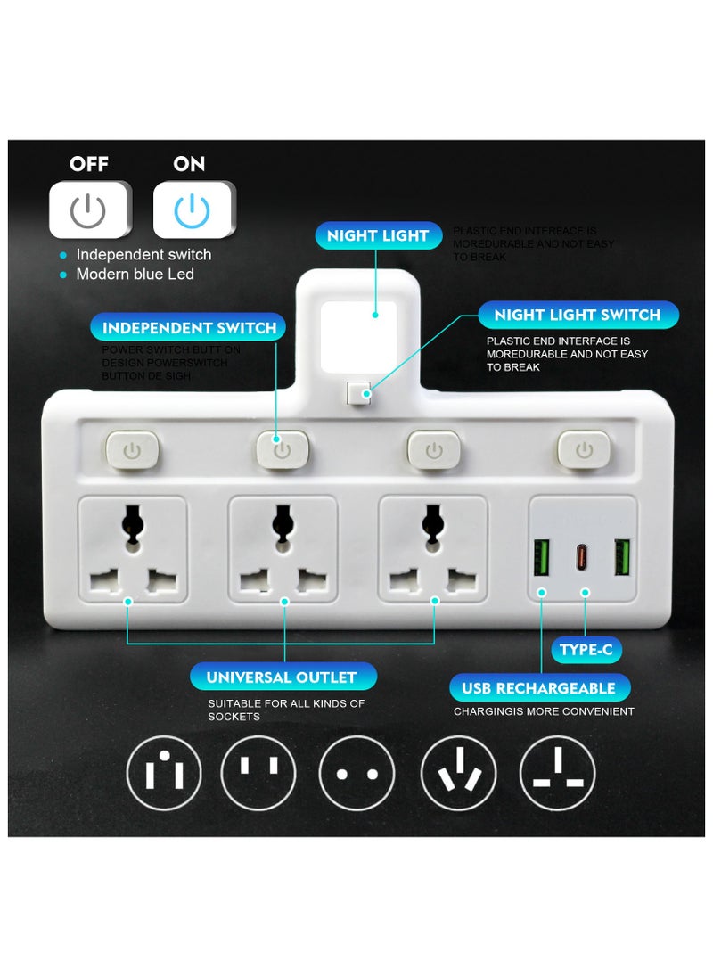 سكاي تاتش - مقبس تمديد متعدد المقابس مع 3 موسعات USB على الحائط مع 3 منافذ ومحول منفذ موسع الطاقة الكهربائية للمنزل والمكتب والمطبخ باللون الأبيض - Image 1