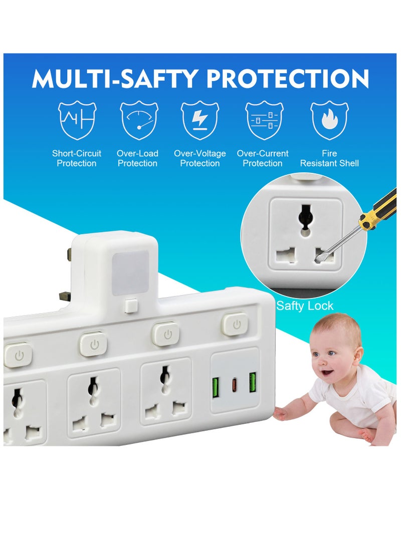 سكاي تاتش - مقبس تمديد متعدد المقابس مع 3 موسعات USB على الحائط مع 3 منافذ ومحول منفذ موسع الطاقة الكهربائية للمنزل والمكتب والمطبخ باللون الأبيض - Image 1