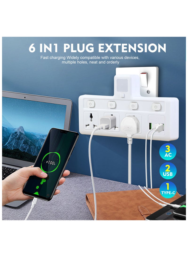 سكاي تاتش - مقبس تمديد متعدد المقابس مع 3 موسعات USB على الحائط مع 3 منافذ ومحول منفذ موسع الطاقة الكهربائية للمنزل والمكتب والمطبخ باللون الأبيض - Image 1