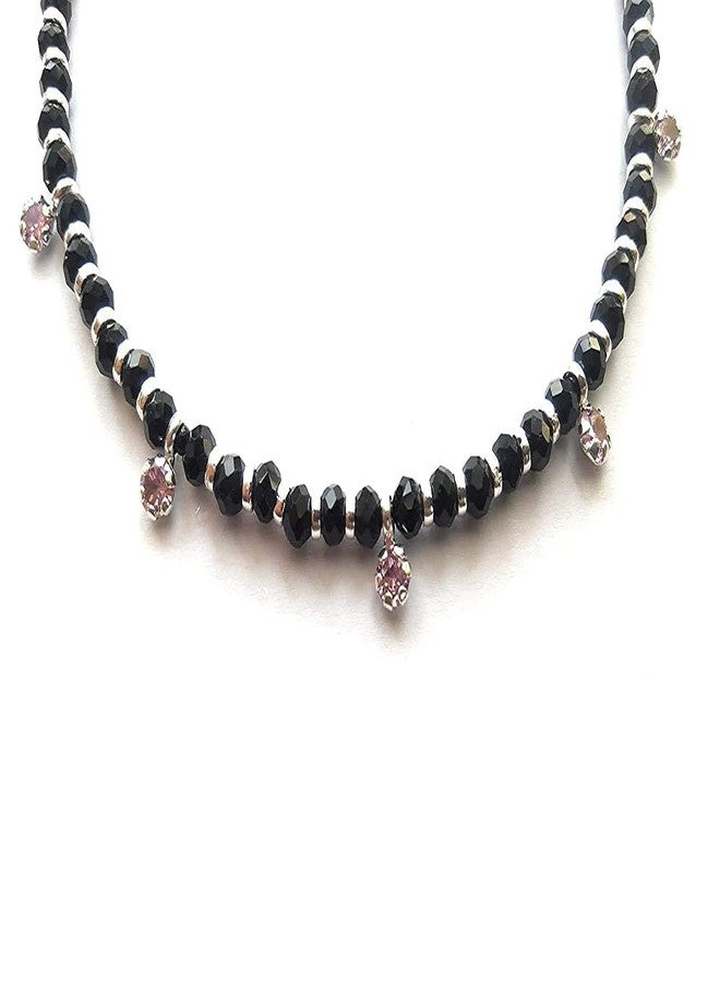 DHRUVS COLLECTION 925 Exclusive Adjustable Nazariya Payal (Anklet) with Black Beads & Pink Stones (Crystal) in 92.5 Sterling Silver for Girls and Women - One Piece - Image 2