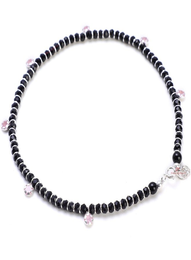 DHRUVS COLLECTION 925 Exclusive Adjustable Nazariya Payal (Anklet) with Black Beads & Pink Stones (Crystal) in 92.5 Sterling Silver for Girls and Women - One Piece - Image 5