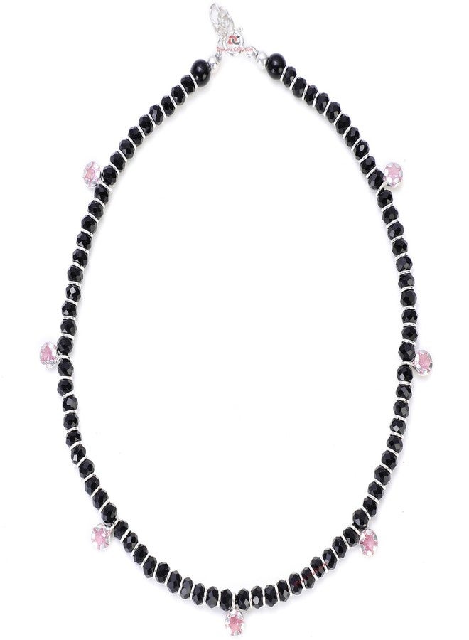 DHRUVS COLLECTION 925 Exclusive Adjustable Nazariya Payal (Anklet) with Black Beads & Pink Stones (Crystal) in 92.5 Sterling Silver for Girls and Women - One Piece - Image 4
