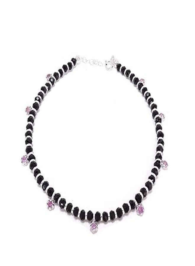 DHRUVS COLLECTION 925 Exclusive Adjustable Nazariya Payal (Anklet) with Black Beads & Pink Stones (Crystal) in 92.5 Sterling Silver for Girls and Women - One Piece - Image 1