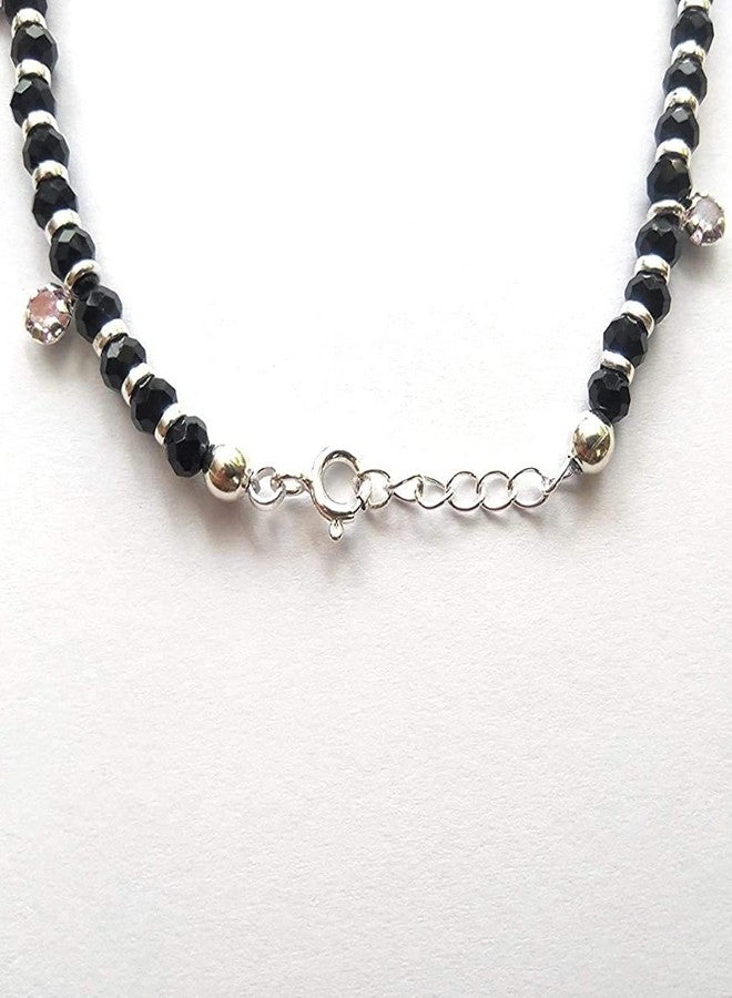 DHRUVS COLLECTION 925 Exclusive Adjustable Nazariya Payal (Anklet) with Black Beads & Pink Stones (Crystal) in 92.5 Sterling Silver for Girls and Women - One Piece - Image 3