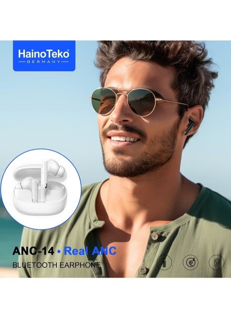 ANC-14 Wireless Earbuds with True Active Noise Cancellation, Deep Bass, HD Sound, Clear Call Mic, Touch Controls, Fast Charging, and Sleek White Design for iPhones & iPads