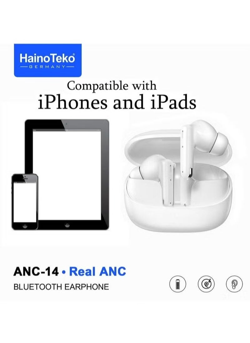 ANC-14 Wireless Earbuds with True Active Noise Cancellation, Deep Bass, HD Sound, Clear Call Mic, Touch Controls, Fast Charging, and Sleek White Design for iPhones & iPads