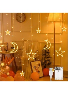 Generic 3.5M 11.4ftLED Star Moon Curtain, Decorative Starry String Curtain Lights Moons and Stars LED Night Light for Ramadan He Decoration Party, USB and Battery Box Powered (Warm White) (Starmoon)  - Image 1