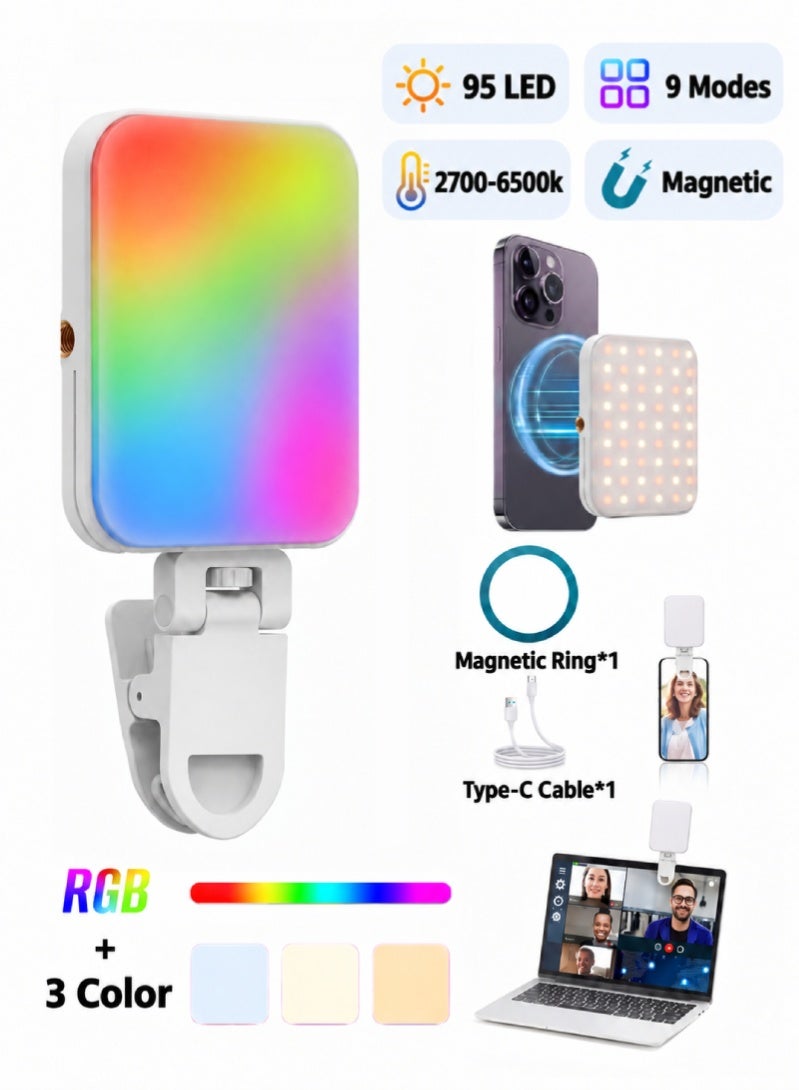 ZAFRA 95 LED RGB Video Light with Magsafe, Rechargeable Magnetic, USB-C Charging, 2700-6500K 9 Light Modes, RGB Photography Light Clip on Phone Laptop, Pocket LED Phone Light for Video Conference,TikTok,Youtube, Selfie, Live Streaming - Image 1