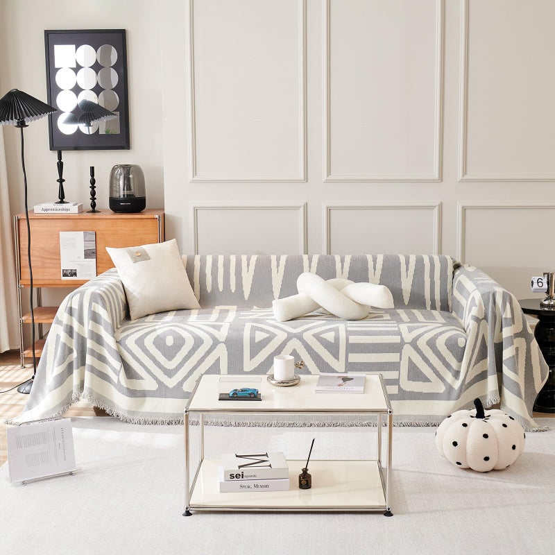 VClife Boho Couch Cover Sectional Sofa Cover Pet Couch Cushion Cover for 2 Cushion Couch Sofa Washable Lovseat Cover White Cream Grey Plaid Triangle Sofa Slipcover Throw Cover with Tassel