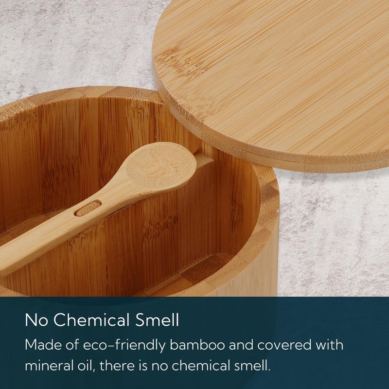 KITCHENDAO Bamboo Salt and Pepper Bowl Box Cellar Container Divided, Built-in Serving Spoon to Avoid Dust, Swivel Lid to Keep Dry, Sea Salt Spice Seasoning Keeper Holder, Dual 7 Ounce Capacity - Image 5