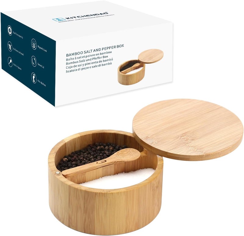 KITCHENDAO Bamboo Salt and Pepper Bowl Box Cellar Container Divided, Built-in Serving Spoon to Avoid Dust, Swivel Lid to Keep Dry, Sea Salt Spice Seasoning Keeper Holder, Dual 7 Ounce Capacity - Image 1