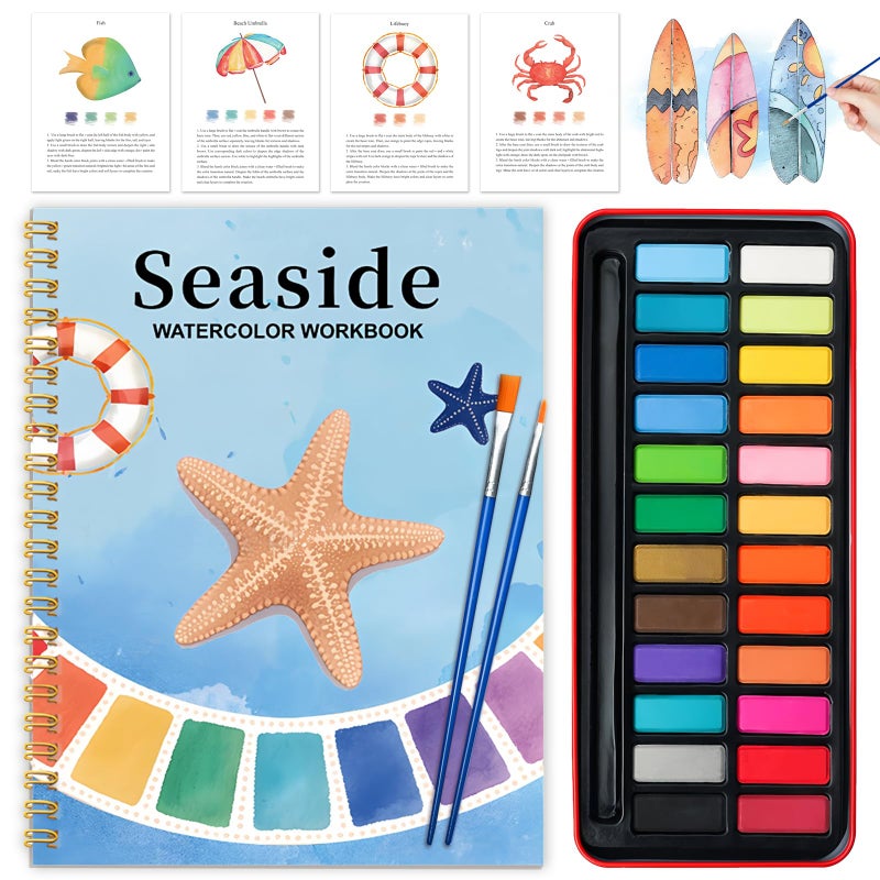 Cbcmpica Watercolor Workbook - Coloring Book Beginner Friendly Painting Kit, Watercolor Workbooks for Adults with 24 Colors Paint, Exploration Gift for Adults Teens (Seaside) - Image 1