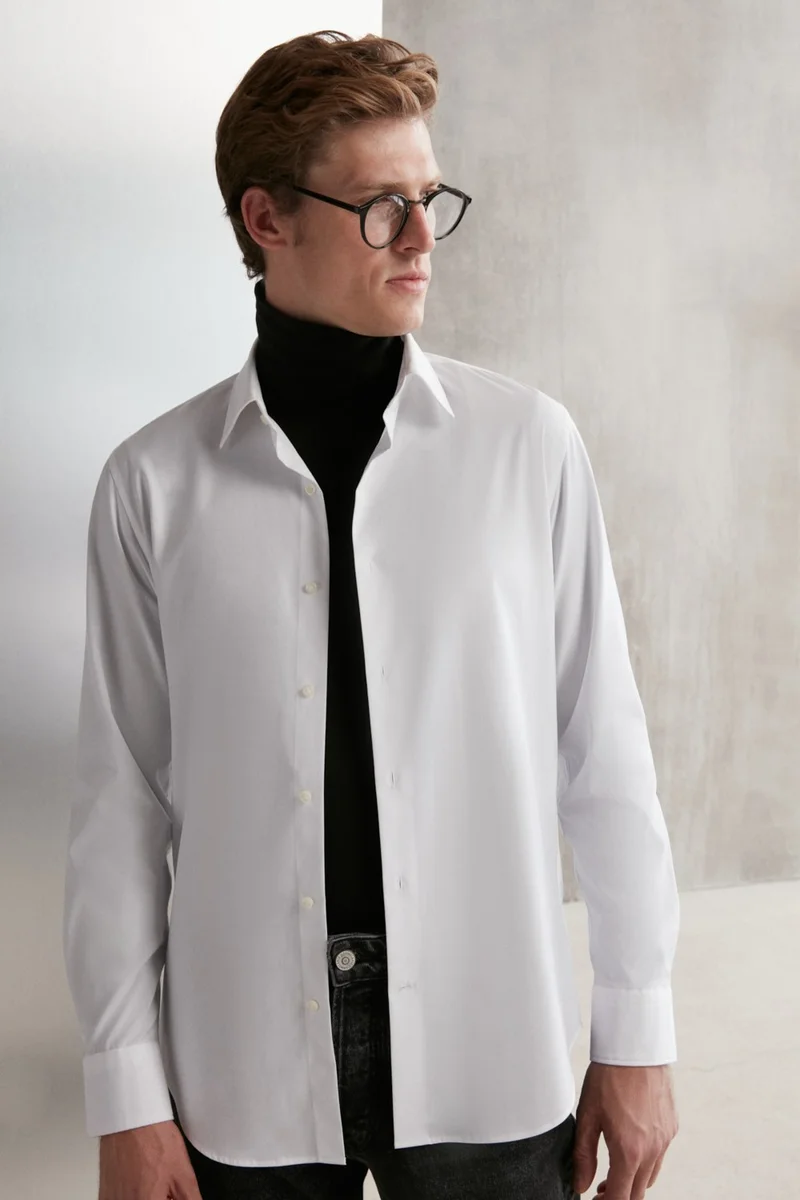 GRIMELANGE Branham Men's Ultra Stretch Cotton Elastane Fabric Slim Fit Poplin White Shirt