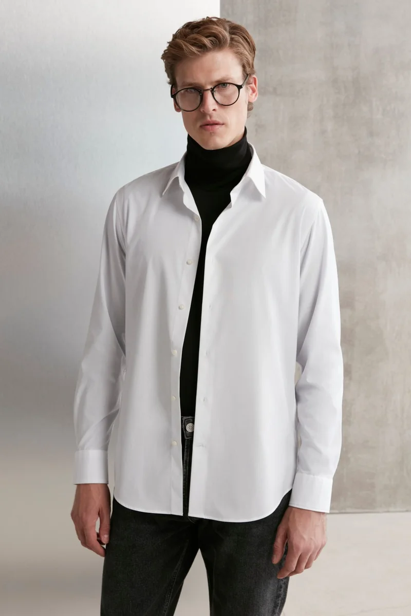 GRIMELANGE Branham Men's Ultra Stretch Cotton Elastane Fabric Slim Fit Poplin White Shirt