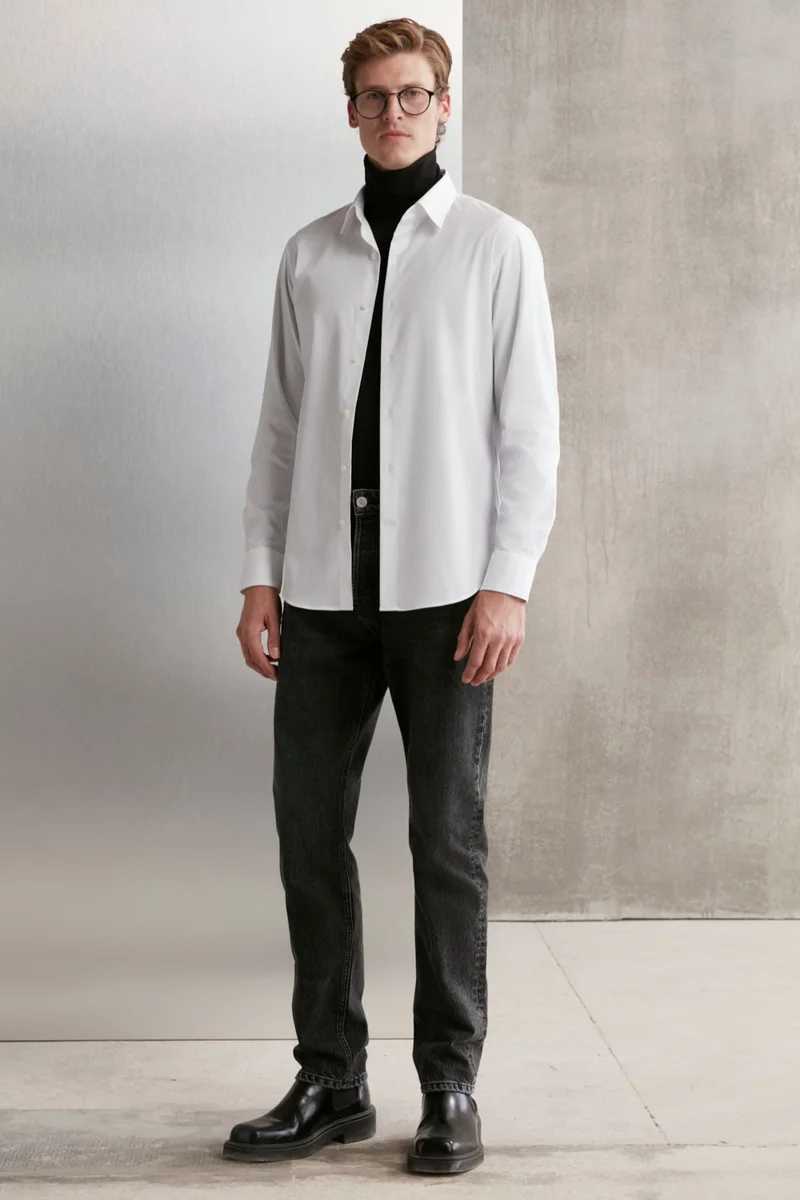 GRIMELANGE Branham Men's Ultra Stretch Cotton Elastane Fabric Slim Fit Poplin White Shirt