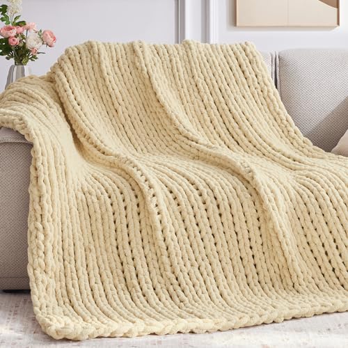 Negwoo Chunky Knit Throw Blanket, 50''*60'' Knitted Throw Chenille Yarn for Bed Couch, Handmade Oatmeal Crochet Big Thick Blanket, Machine Washable Cute Comfy Blanket for Home Decor - Image 1