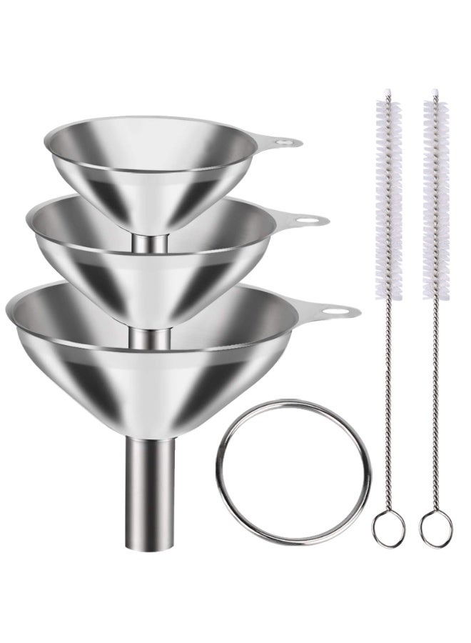 6-Piece Stainless Steel Funnel Set – Food Grade 304, Large Medium Small Funnels + 2 Cleaning Brushes, Silver - Image 1
