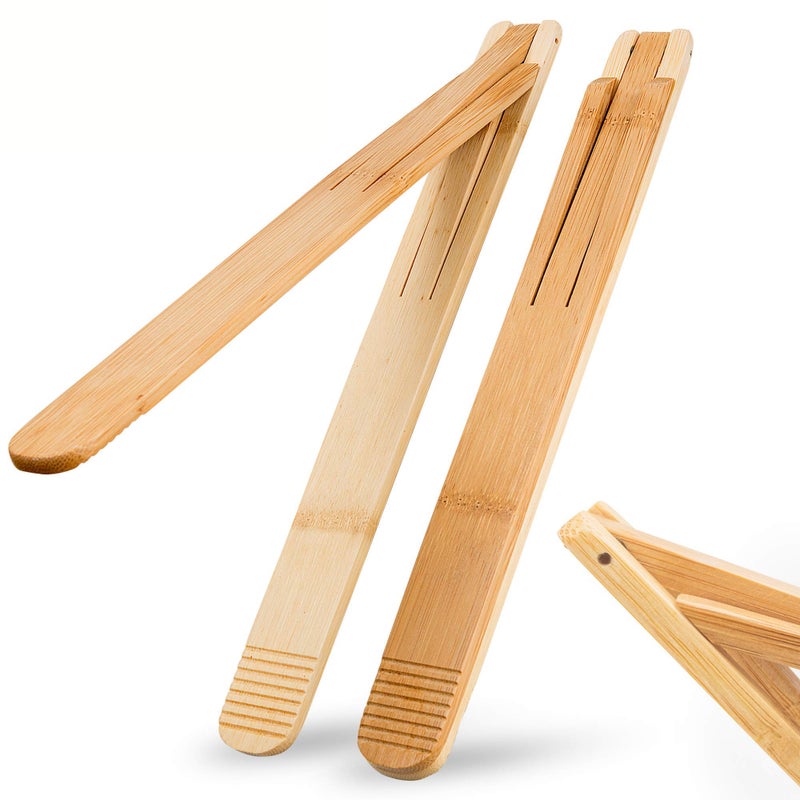 laboos Bamboo Wood Salad Tongs with Space Saving Collapsible Spring 11 Cooking Tong Enhanced Grip for Kitchen BBQ Cooking Camping or Grill Foldable Carry or Storage Flipping and Serving  Set of 2 