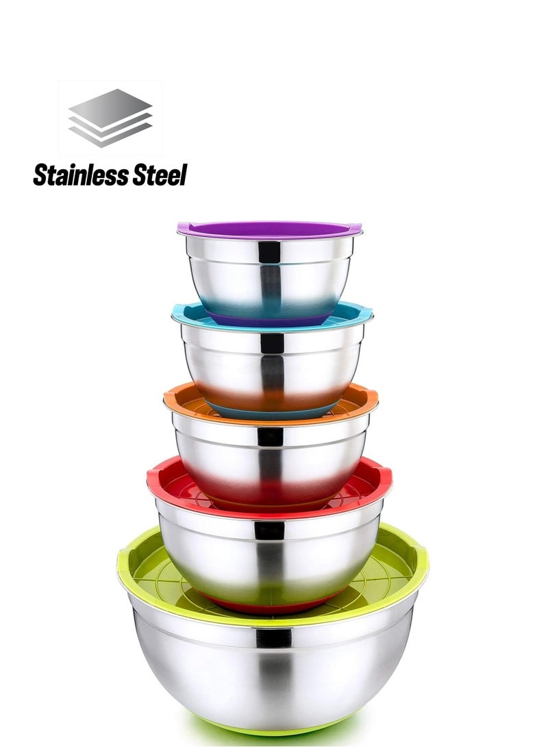 DubaiGallery Mixing Bowl Set with Lids, Stainless Steel Stocking Bowls with Measuring and Silicone Gel Bottom, Stackable - Image 1