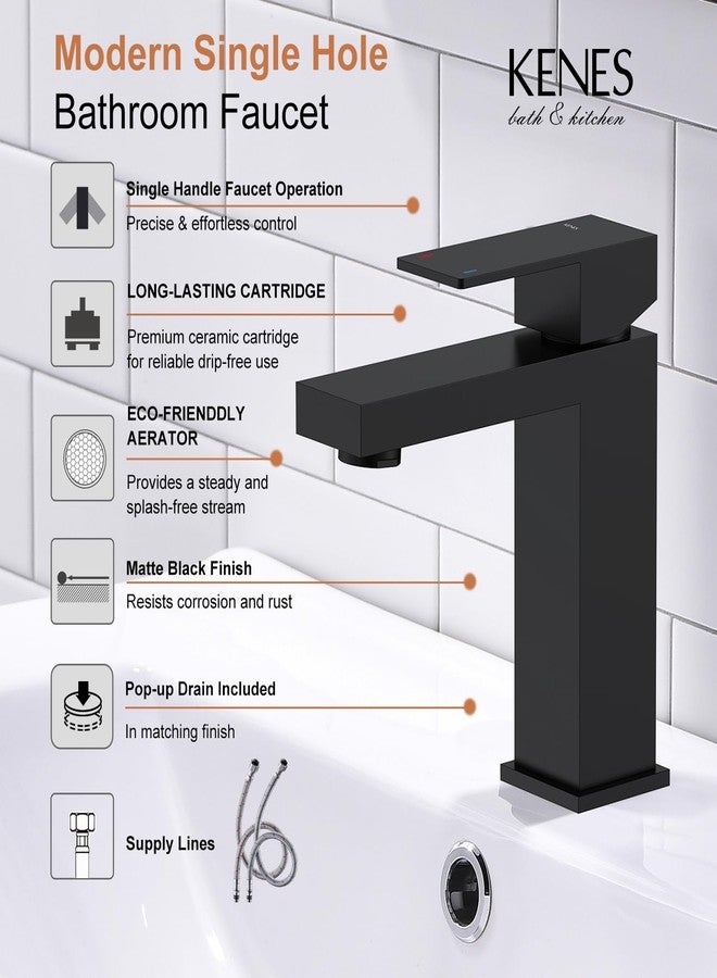 KENES Black Bathroom Faucet, Matte Black Modern Single Hole Bathroom Faucet, Single Handle Stainless Steel Faucet cUPC Lead-Free Certified Vanity Sink Faucet Bathroom Sink Faucet, Drain Assembly - Image 3