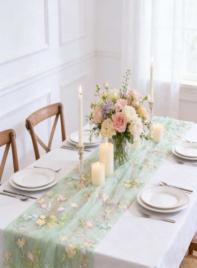 Finrray Wildflowers Table Runner 10ft/120 Inch Embroidery Flower Butterfly Spring Summer Floral Tulle Lace Runner for Wedding Bridal Baby Shower Holiday Dining Decor DIY (Green) - Image 2