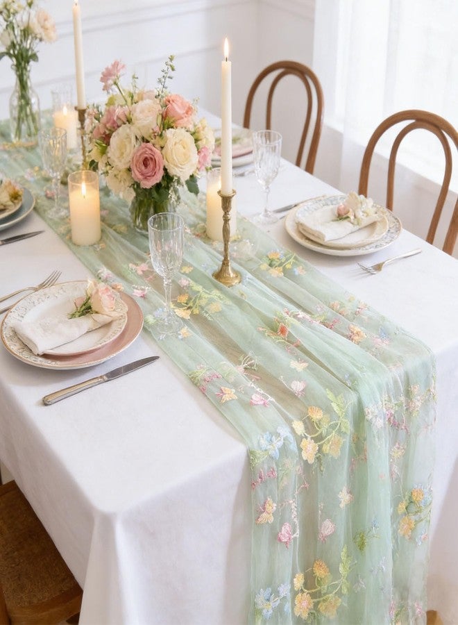 Finrray Wildflowers Table Runner 10ft/120 Inch Embroidery Flower Butterfly Spring Summer Floral Tulle Lace Runner for Wedding Bridal Baby Shower Holiday Dining Decor DIY (Green) - Image 1