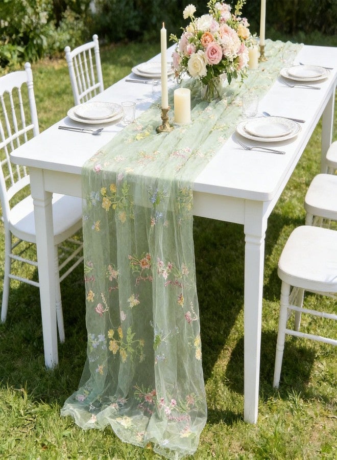 Finrray Wildflowers Table Runner 10ft/120 Inch Embroidery Flower Butterfly Spring Summer Floral Tulle Lace Runner for Wedding Bridal Baby Shower Holiday Dining Decor DIY (Green) - Image 5