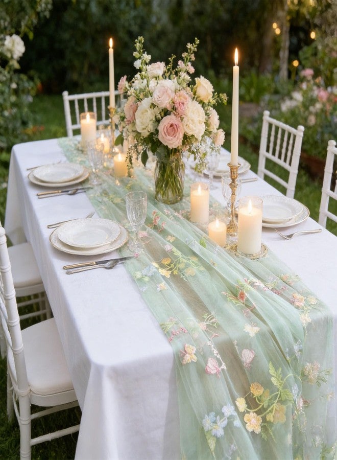Finrray Wildflowers Table Runner 10ft/120 Inch Embroidery Flower Butterfly Spring Summer Floral Tulle Lace Runner for Wedding Bridal Baby Shower Holiday Dining Decor DIY (Green) - Image 4